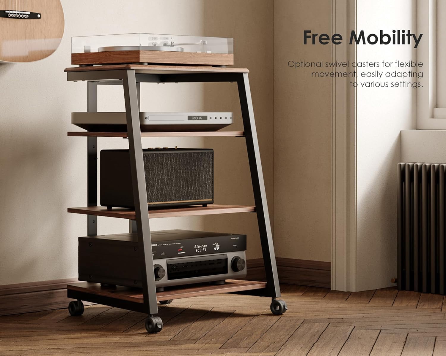 FITUEYES 4-Tier Media Stand with LED Backlight, Adjustable Shelves, White Oak