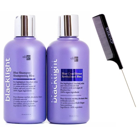 Oligo Blacklight Blue Shampoo & Conditioner Duo Bundle (w/ Sleek Comb) for Highlighted, Bleached, White, Blonde Hair (8.5 oz 8.5 oz - DUO KIT SET)
