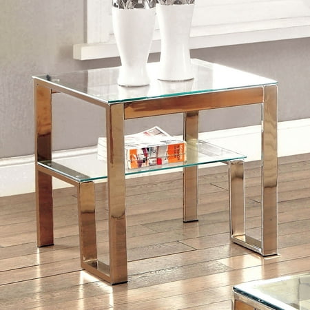 Glass Top Metal Finish - Furniture of America Estelline Contemporary Metal Glass Top End Table Gold Goldtone Finish