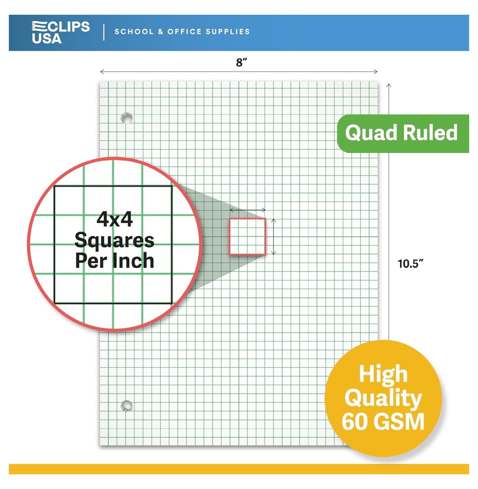 Graph Paper, Loose Leaf (24 Pack) - 4 x 4 An Inch Quad Ruled, 10.5" x 8" Graphing Sheets, 100 Per Pack, 60 GSM