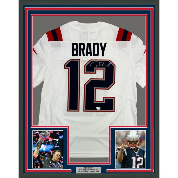 Framed Autographed/Signed Tom Brady 35x39 New England Patriots White Authentic Nike Limited Football Jersey Fanatics COA