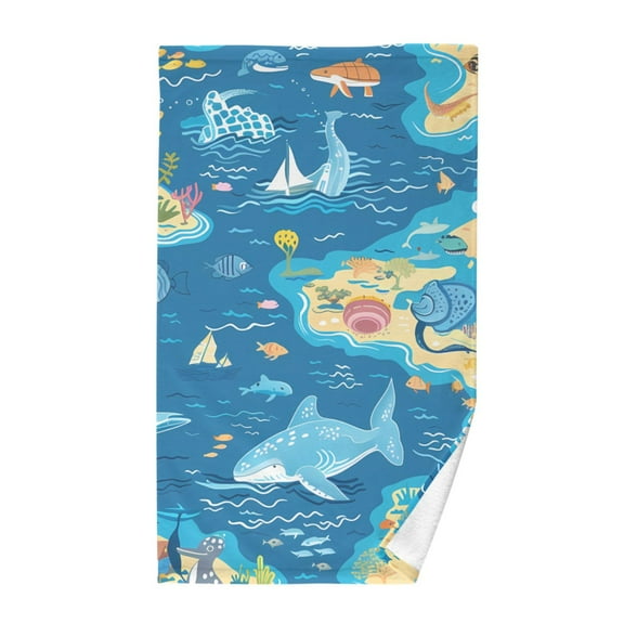 Cotton Bath Towels Soft Face Towel Absorbent Quick Dry Sea Islands Fish Ship 16"x28"