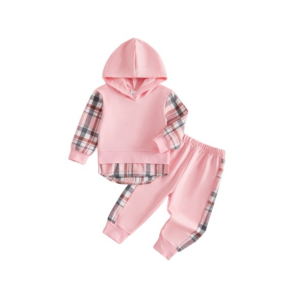 RUINIXCW Toddler Girl Sweat Outfit Patchwork Plaid Long Sleeve Hoodie Joggers Set