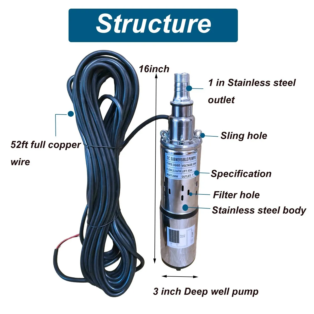 iMeshbean DC 24V 3'' Solar Deep Well Pump Water Pump 2300L/h Stainless Steel Submersible