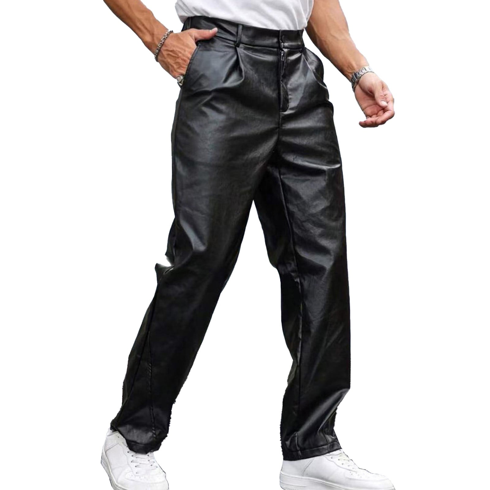 Faux Leather Pants for Men Black Windproof Baggy Straight Leg Trousers Trendy Hip Hop Night Out Pants for Party