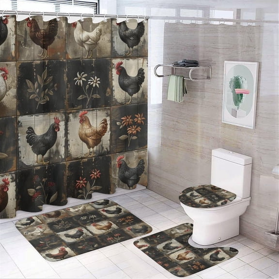 4Pcs Retro Patchwork Checkered Shower Curtain Sets, Bathroom Decor Set with Rugs, Bath Mat Rustic Chicken Floral Butterfly Shower Curtain, 72 X 72 Inch