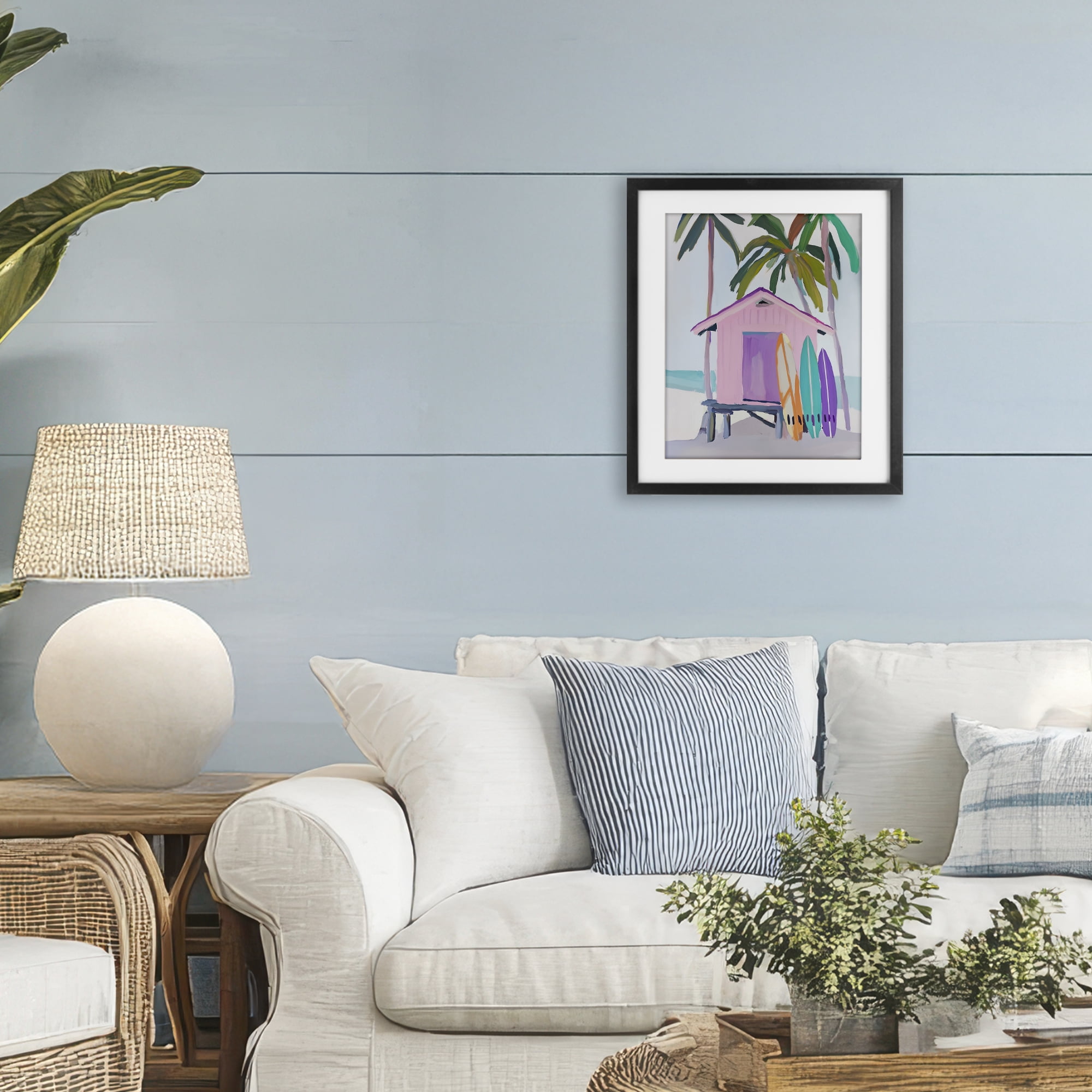 Stupell Industries Pink Beach Hut with Surfboards Black Framed Print Under Glass, design by Sisi and Seb
