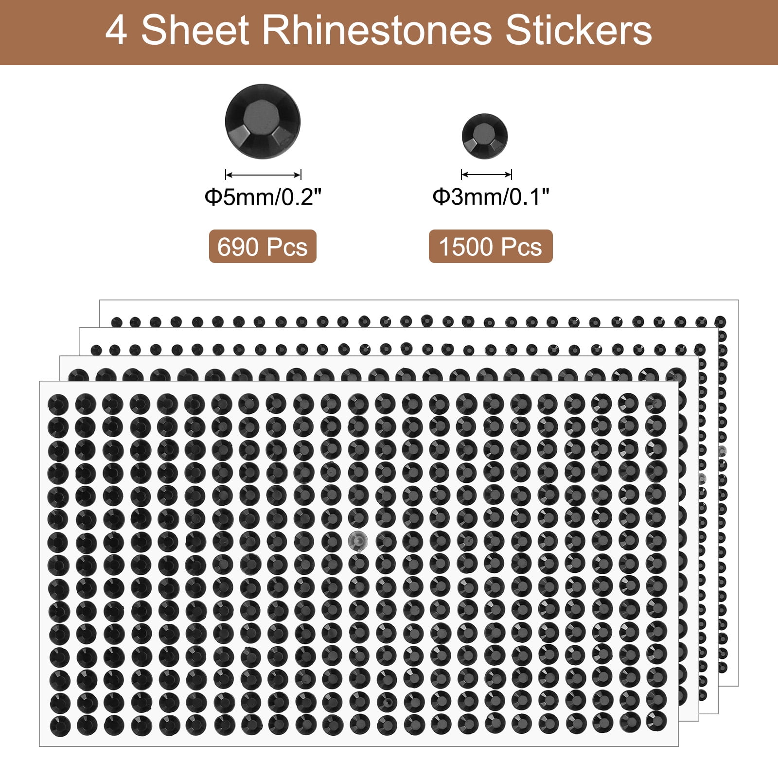 Unique Bargains 4 Sheet Self-Adhesive Round Rhinestone Stickers 2190Pcs 3mm/5mm Black