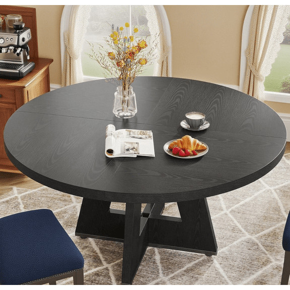 47" Round Dining Table for 4, Wooden Farmhouse Kitchen Table, Sturdy Dinner Table for Family Meals & Gatherings