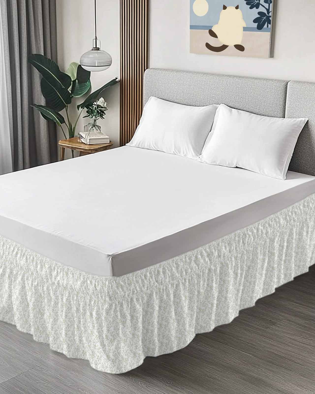 Sage Green Flowers Bed Skirt King Size 18" Drop Branches Plants Ruffled Wrap Around Bed Skirts Adjustable Elastic Bedskirt Dust Ruffle for King Size Bed