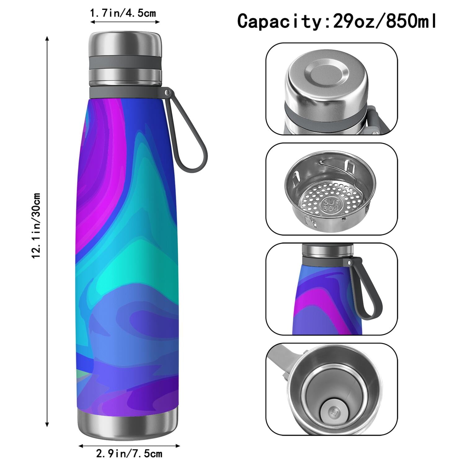 29oz Insulated Water Bottle with Tea Infuser, Stainless Steel Travel Mug, Liquid & Marble Print