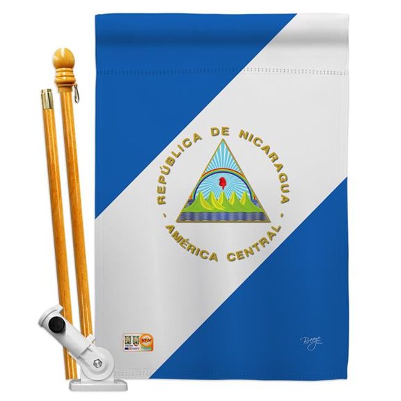 Breeze Decor BD-CY-HS-108160-IP-BO-D-US13-BD 28 x 40 in. Nicaragua Flags of the World Nationality Impressions Decorative Vertical Double Sided House Flag Set with Pole Bracket & Hardware