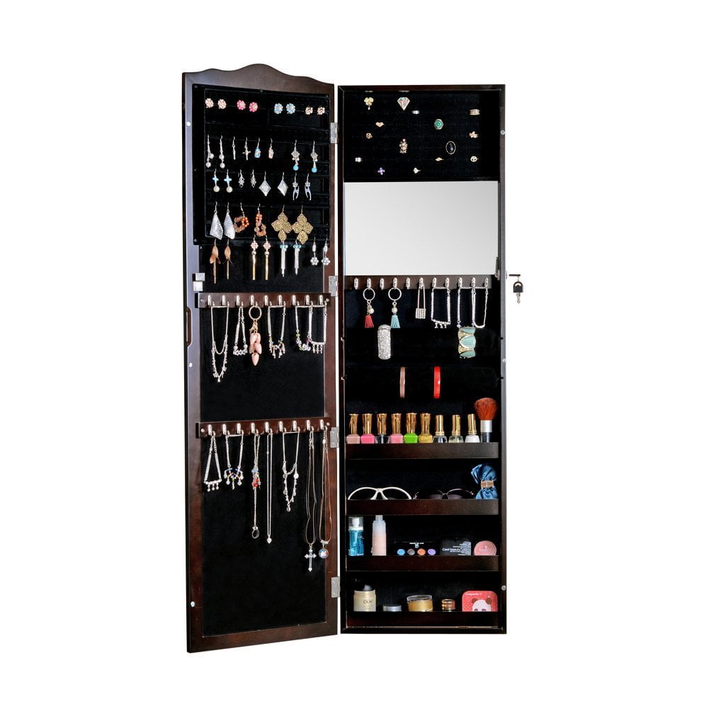 Organizedlife Wood Wall Or Door Mounted Jewelry Armoire Cabinet With Full Length Mirror Holder Lock Brown