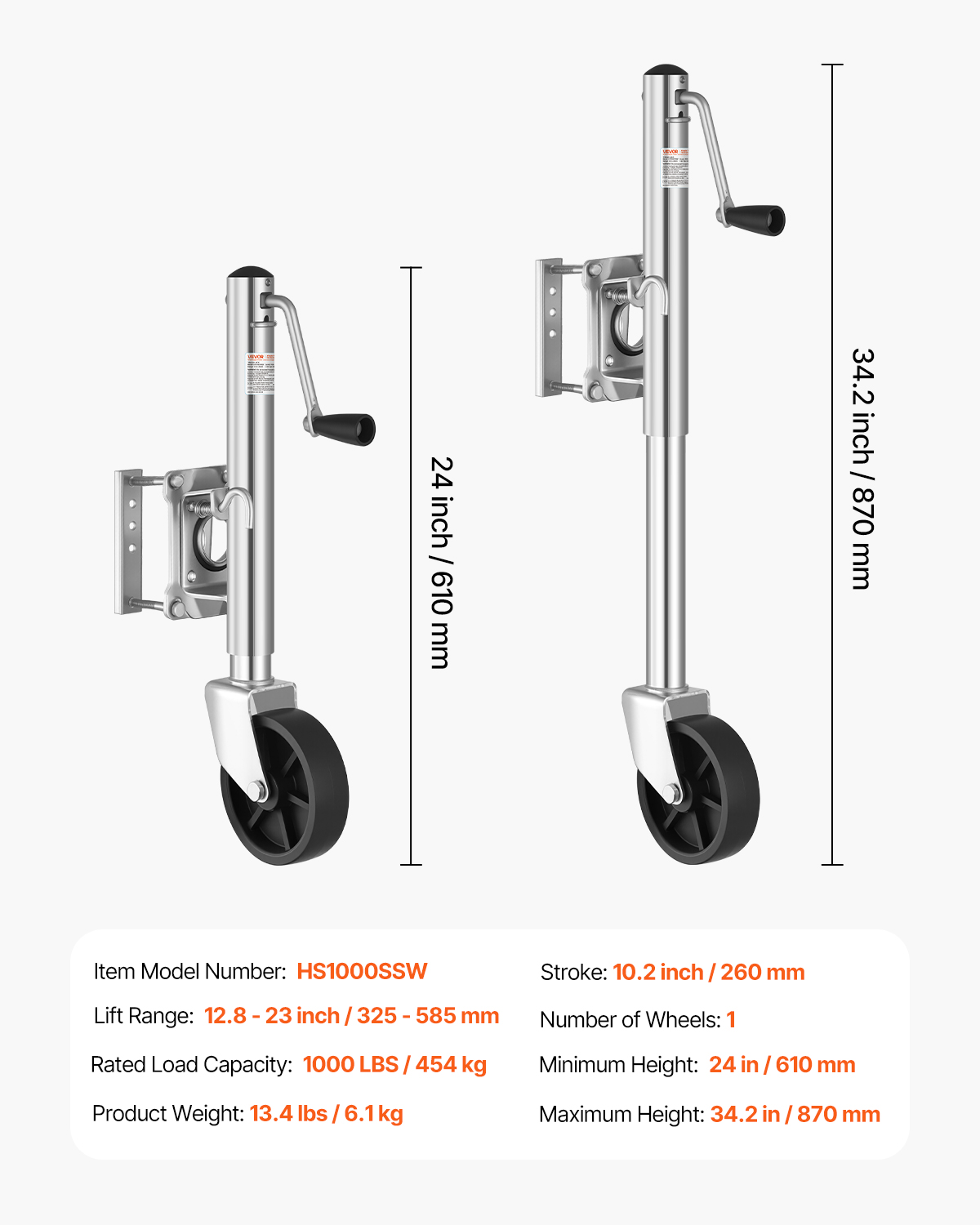 VEVOR Trailer Jack with Wheel, 1000 lbs Load Capacity, Heavy Duty Swivel Boat Trailer Jack with PP Single Wheel & Ergonomic Handle, 10-inch Lift, Fit for RVs, Boats, Horse Trailers, Utility Trailers