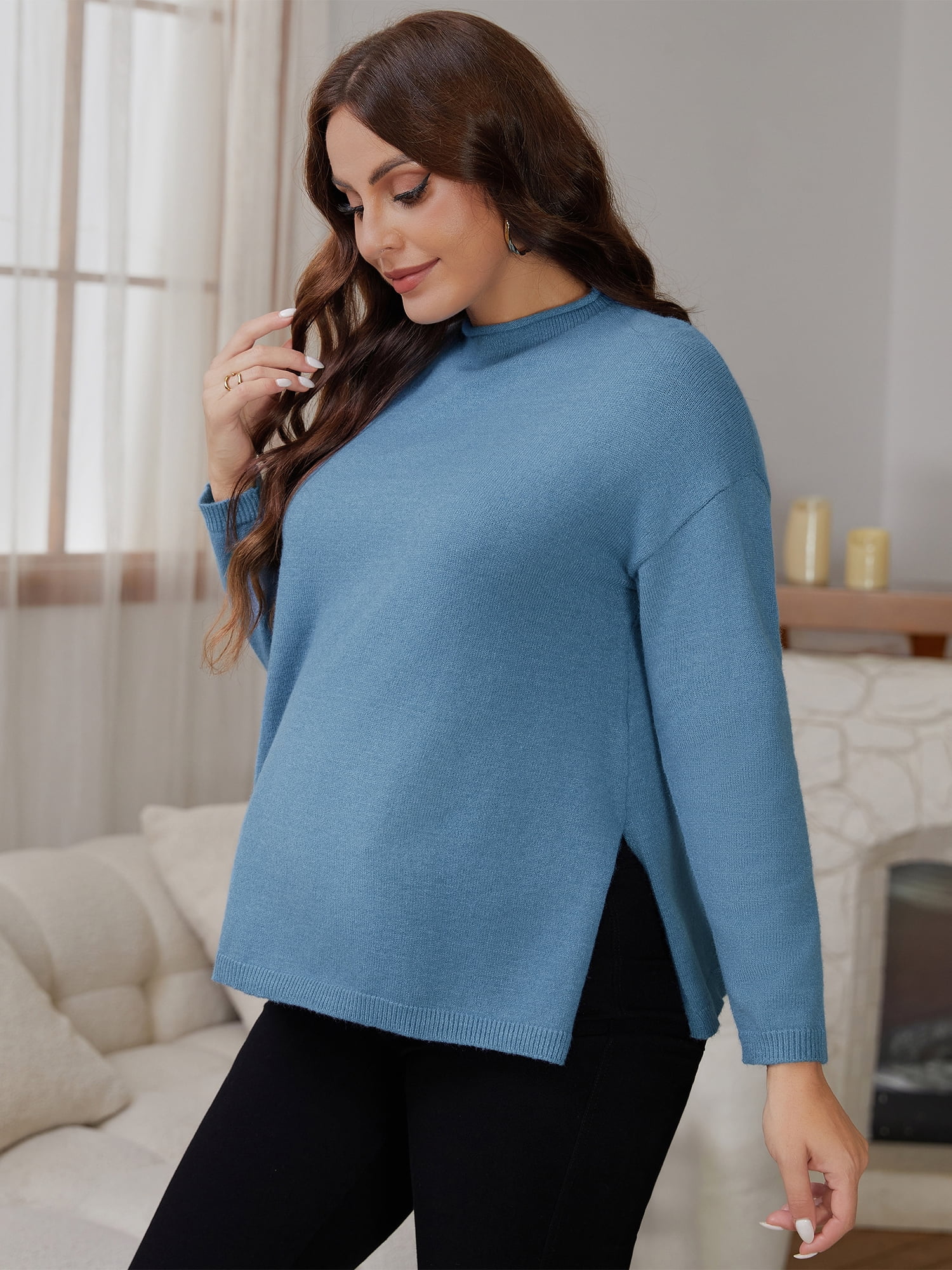 DARING DIVA Women's Maternity Striped Mock Neck Long Sleeve Sweater L Blue