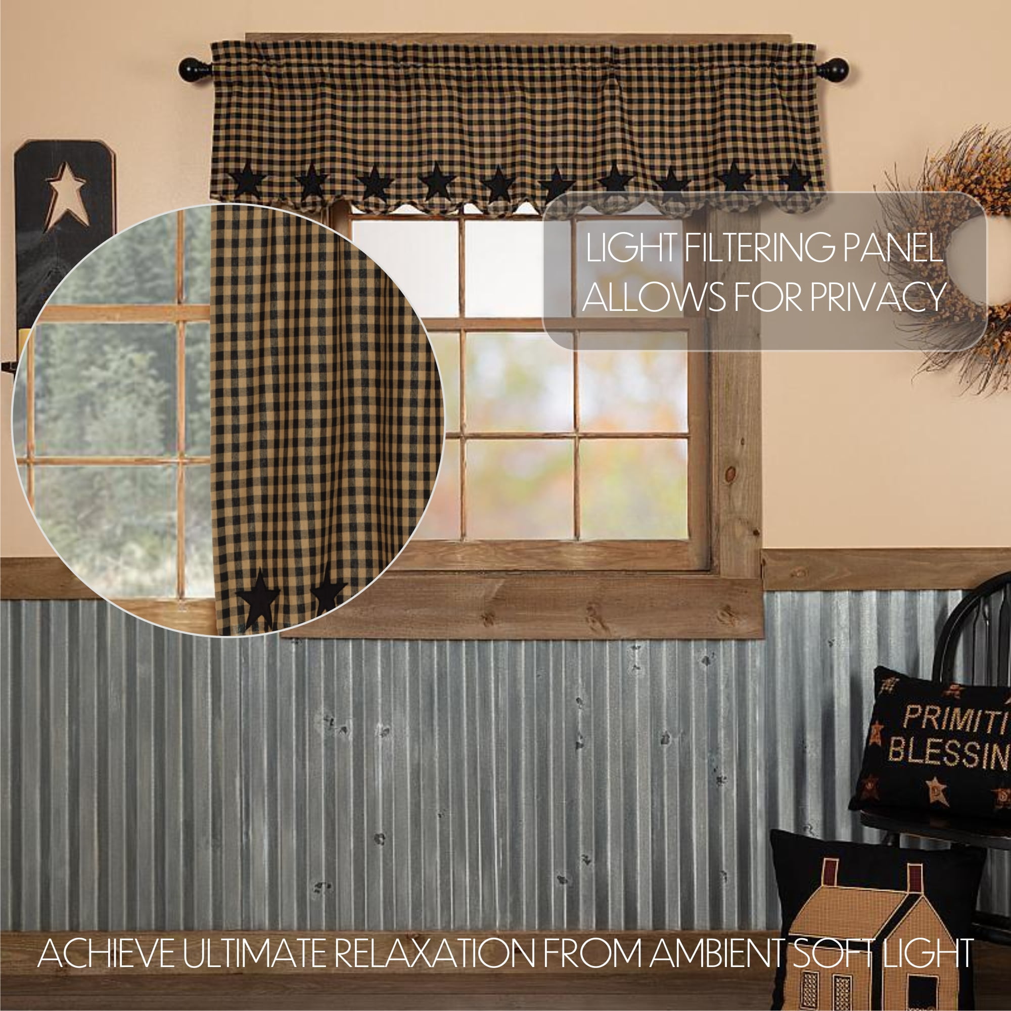 VHC Brands Star Cotton Primitive Kitchen Curtains Rod Pocket Appliqued 16x60 Valance, Raven Black
