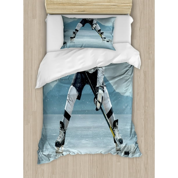Sports Duvet Cover Set Ice Hockey Player With Stick And Puck Mountain Background Canadian Decorative Bedding Set With Pillow Shams Charcoal Grey White And Grey By Ambesonne Walmart Com Walmart Com