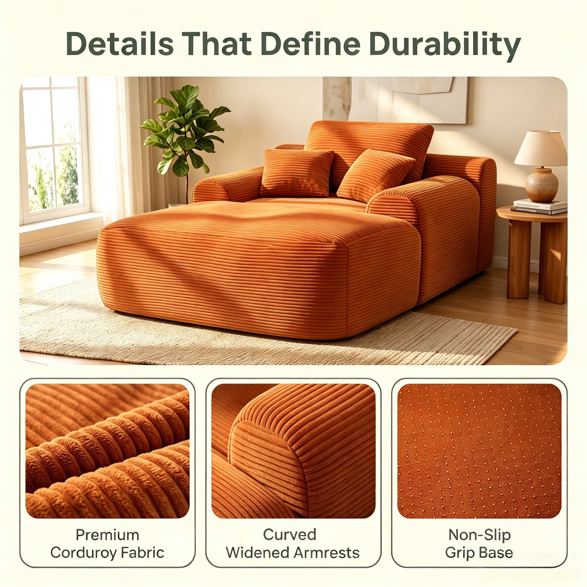 ShiKeyi 65'' Oversized Chaise Lounge Chair Indoor, Boneless Sofa Cloud Deep Seat Sleeper Sofa Bed, Plush Corduroy Chaise Couch with Pillows, No Assembly Required, Orange