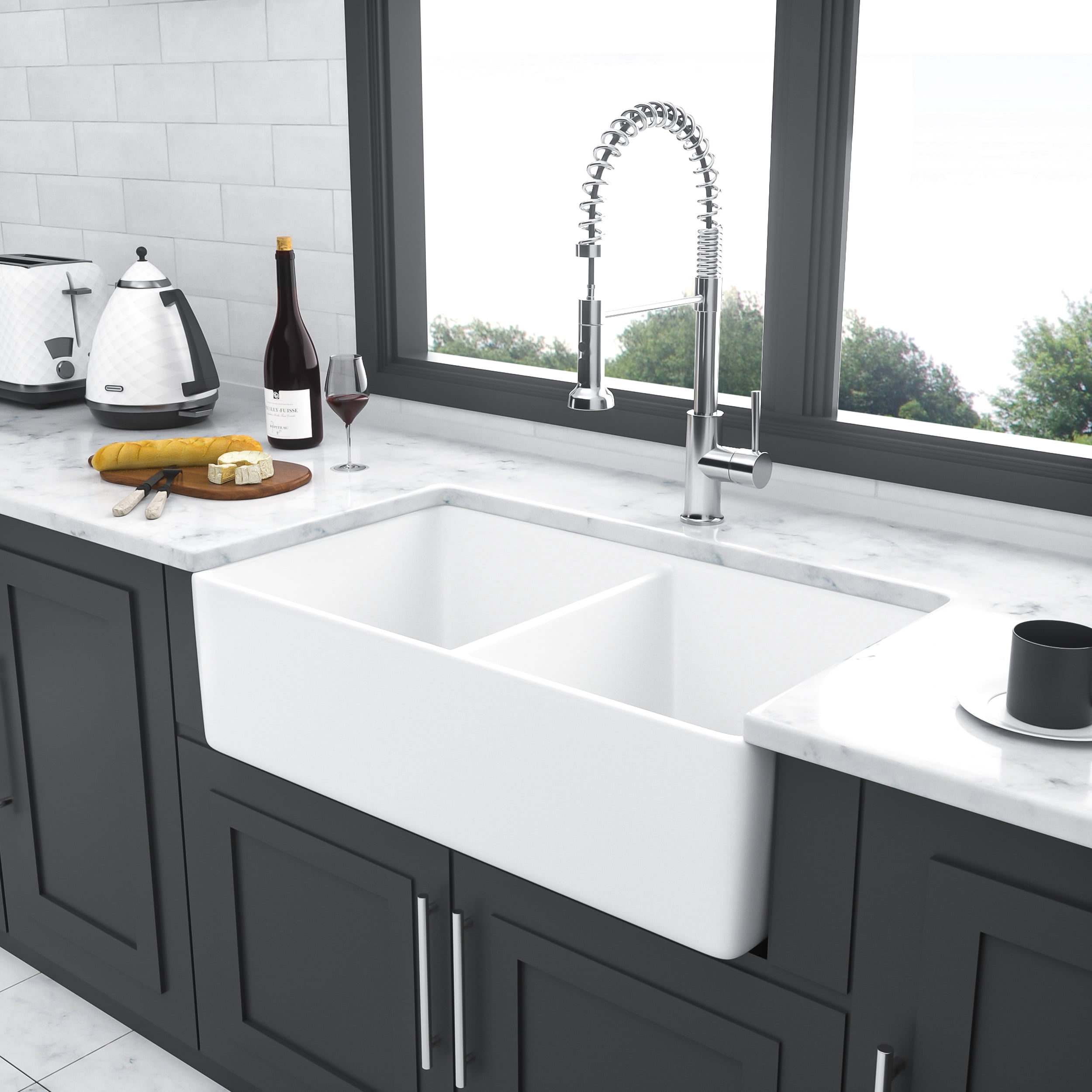 White Farmhouse Sink - 32 inches Ceramic Fireclay Double Bowl Farm Apron Front Kitchen Sink