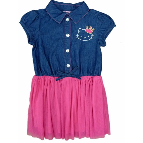 Hello Kitty Toddler & Girls Princess Denim & Pink Tulle Short Sleeve Dress 3T