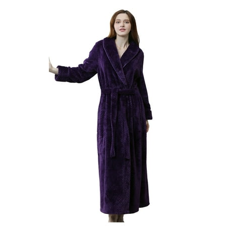 

Women Pajamas Solid Color Long Robe Soft Warm Plush Bathrobe Belt Integrated Ladies Housecoat Nightgown Sleepwear