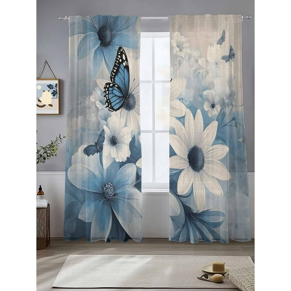 Blue White Floral Sheer Curtains for Living Room Bedroom Vintage Elegant Butterfly Botanical Sheer Curtains 96 Inch Long 2 Panels Set Light Filtering Curtain Window Treatments Drapes for Dining Room