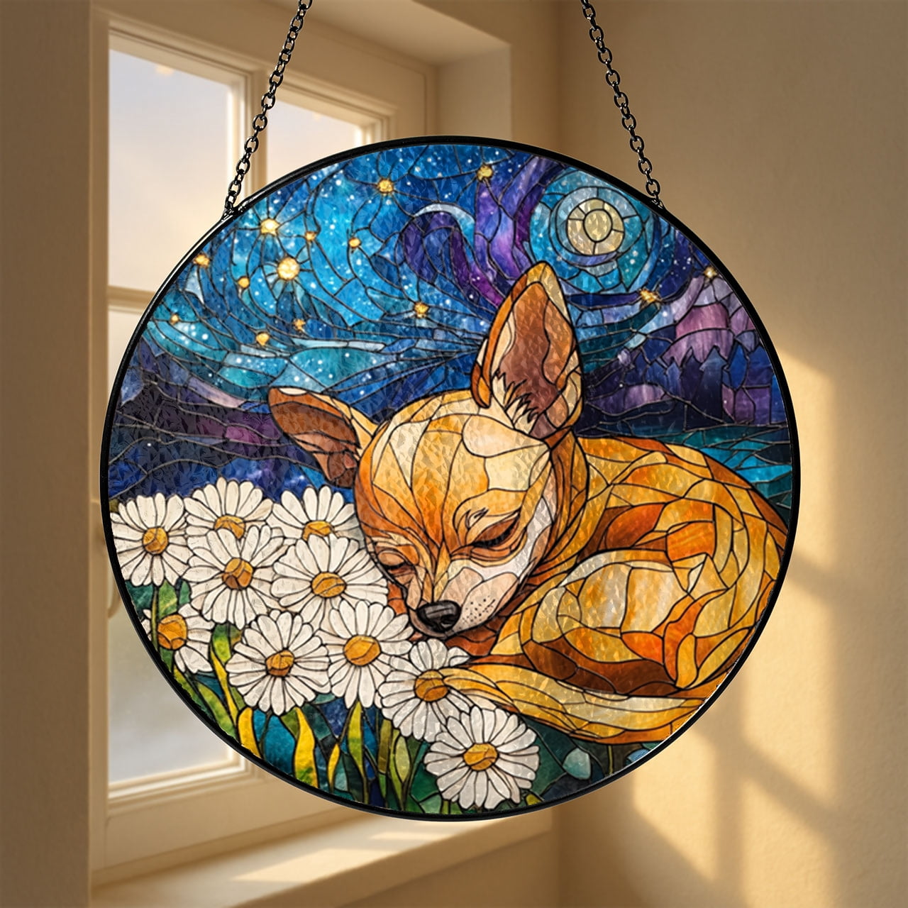 Faux Stained Glass Chihuahua Panel, Sleeping Dog and Dandelion Window Art