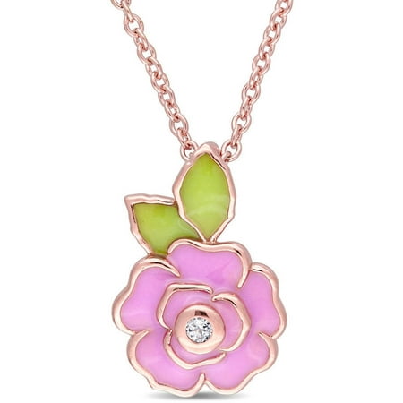 Cutie Pie White Topaz Rose Rhodium-Plated Sterling Silver Children's Flower Charm Pendant with Pink and Green Enamel, 14 with 1 Extension