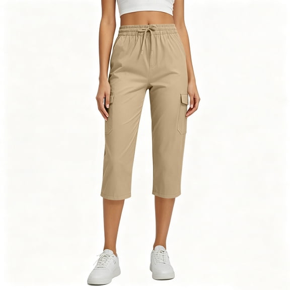 Oksale Cargo Capri Pants for Women with Pockets Pull On Straight Leg Capris Hiking Drawstring Elastic Waist Lightweight Cropped Pants Khaki S