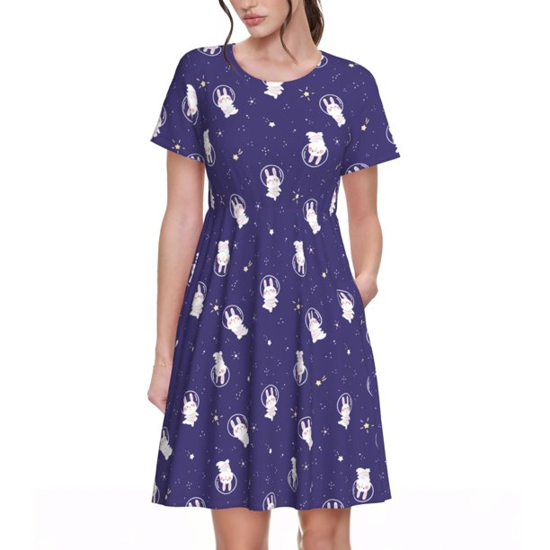 Easygdp Astronaut Rabbit para Vestido Transpirable de Mujer, Vestido Suelto de Manga Corta con Pliegues y Bolsillos para el Verano