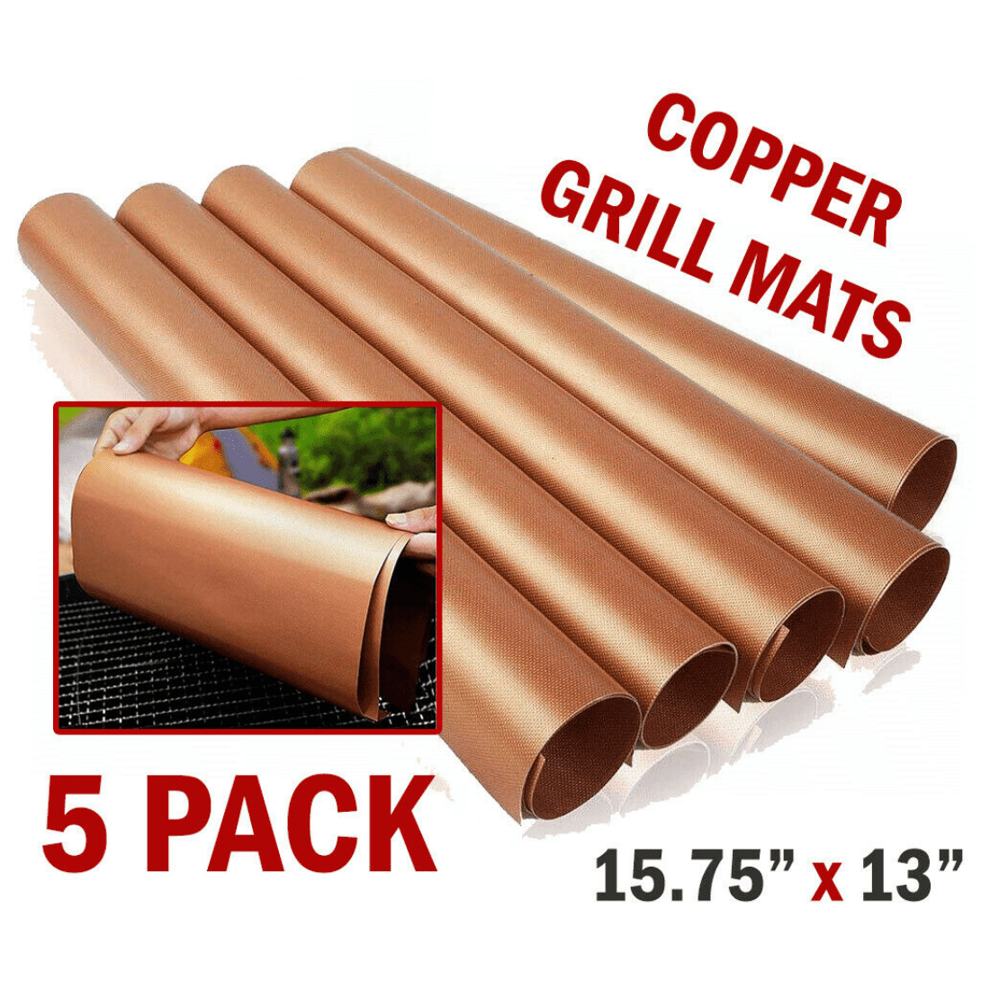 Copper Grill Mat Set of 5 Heavy Duty BBQ Grill Mats Non Stick Easy