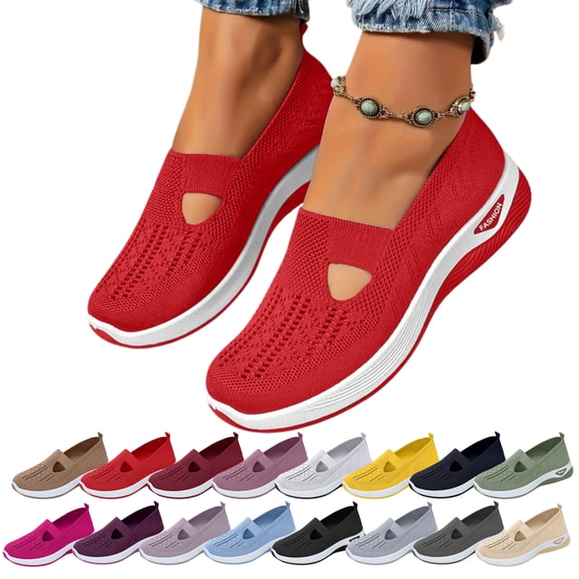 longantii Chaussures Orthopédiques pour Femmes Chaussures à Enfiler pour la Marche Respirantes en Maille Mocassins Décontractés Espadrilles Légères à Enfiler Rouges