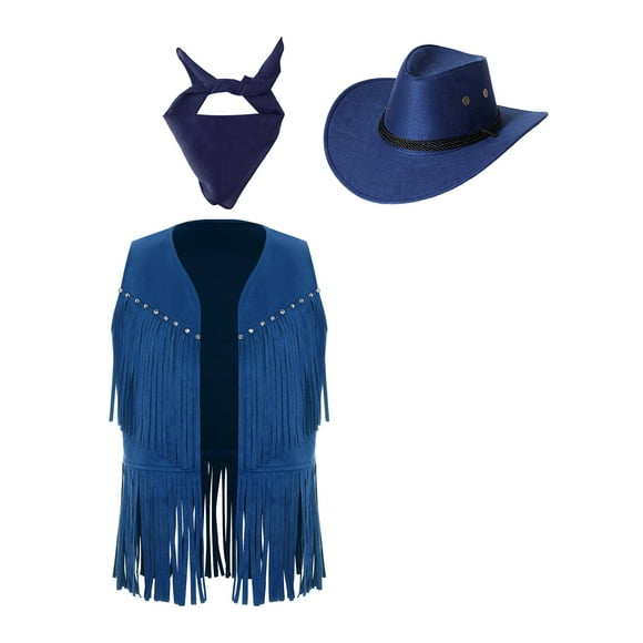 Manyakai Kids Western Cowboy Cowgirl Outfits Tassel Waistcoat with Square Scarf Hats Set for Stage Party Blue 16
