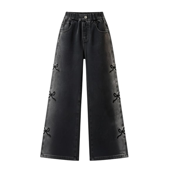 Girls' Wide Leg Jeans Black with Side Bow Embroidery and Relaxed Fit 5-15 Years