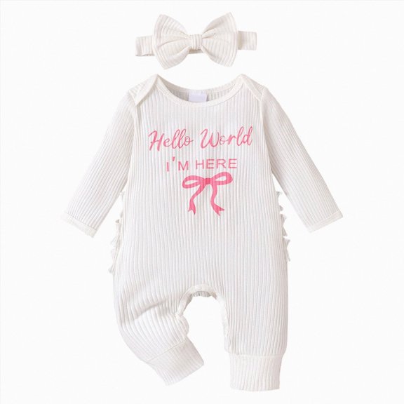 Gerichy Newborn Preemie Baby Girl Coming Home Outfit Letter Print Jumpsuit Long Sleeve Ruffle Cute Knit Jumpsuit Romper with Headband 0-6 Months