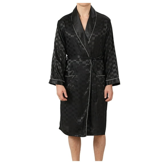 Aueoeo Men'S Pajama Set ,2 Piece Stain Slikys Bathrobe Soft Long Bathrobe & Short Pajamas Pants Sleepwear Black L