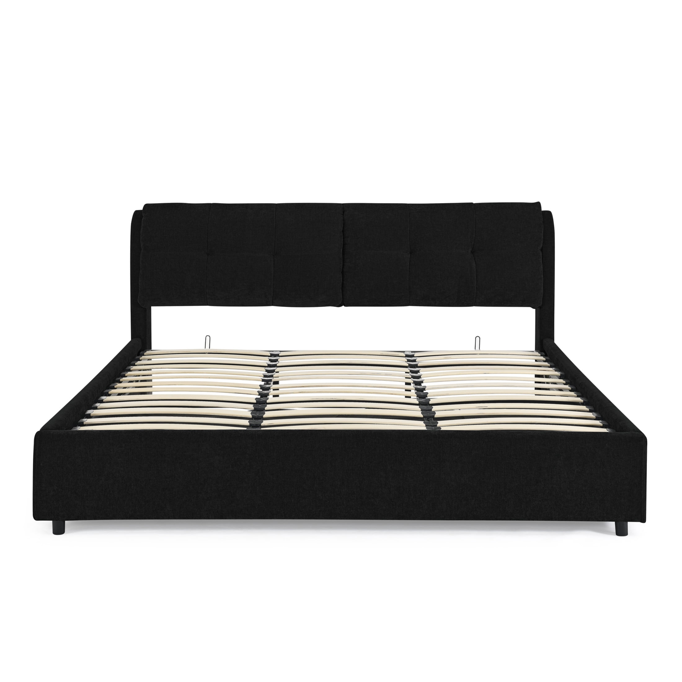 Noble House Gerret King Size Chenille Storage Platform Bed, Hydraulic Bed Frame with Hidden Underbed Drawer, Black