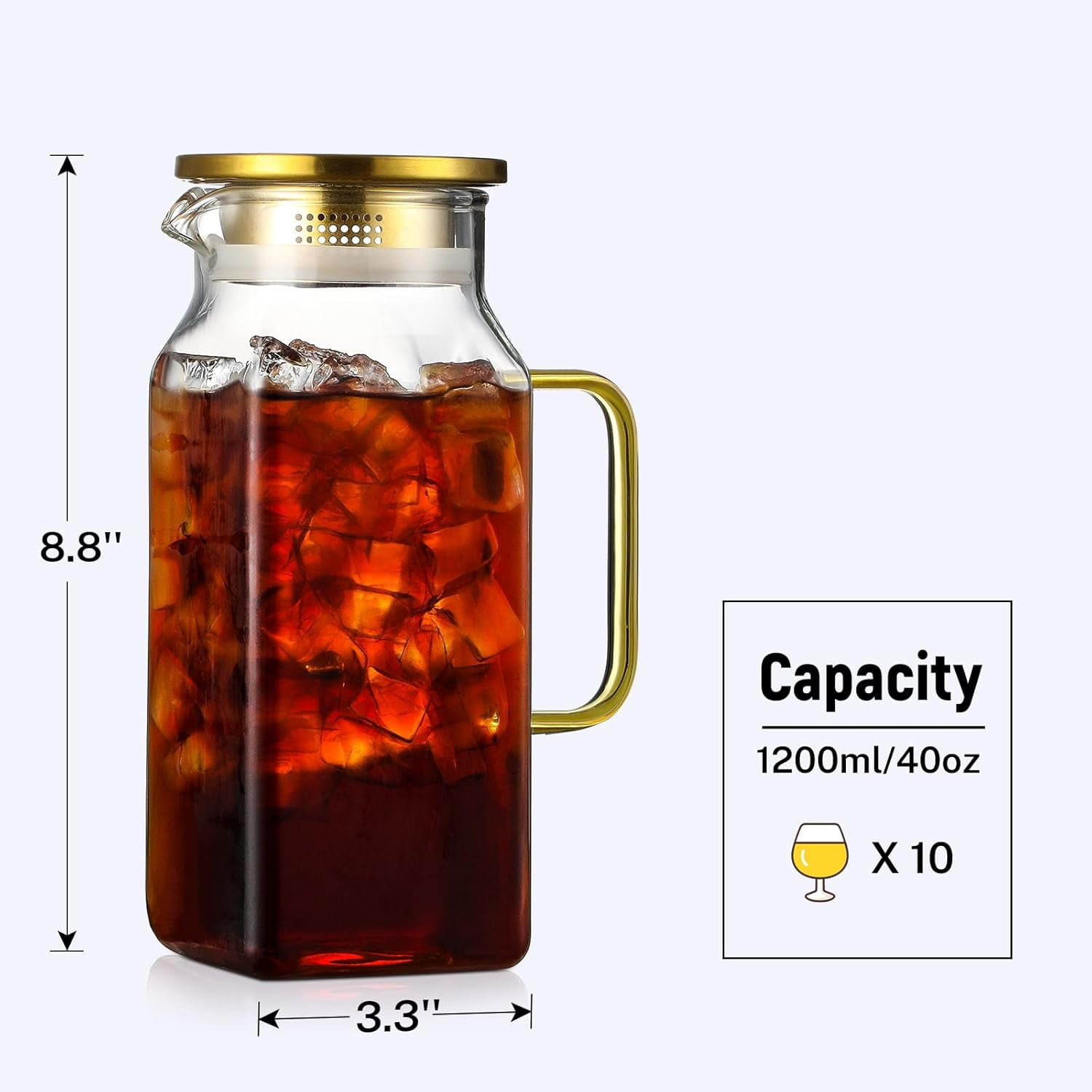 40 oz 1.2 Liter Square Glass Pitcher with Lid and Spout, Borosilicate Glass Carafe with Handle for Fridge, Durable Large Water Jug for Iced Tea, Coffee, Cold and Hot Beverages