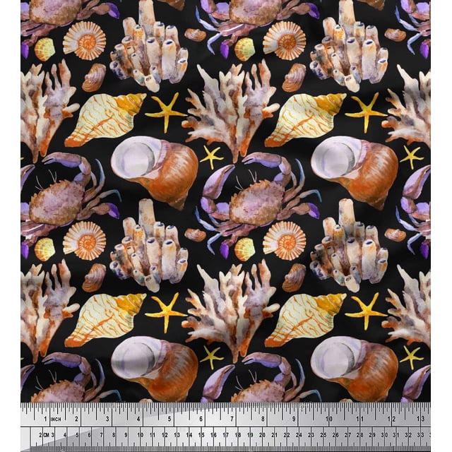 Soimoi Black Poly Georgette Fabric Crab,Shell & Coral Ocean Print Sewing Fabric Yard 52 Inch Wide