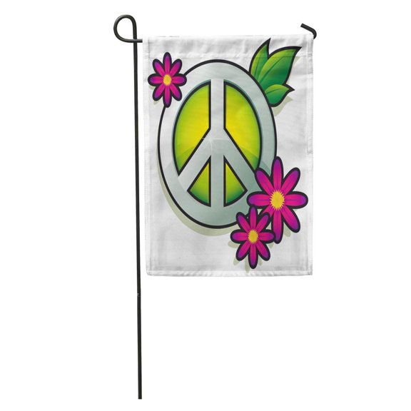 SIDONKU Green Hippy Peace Sign Pink Flowers Silver 70S Groovy Power Garden Flag Decorative Flag House Banner 28x40 inch