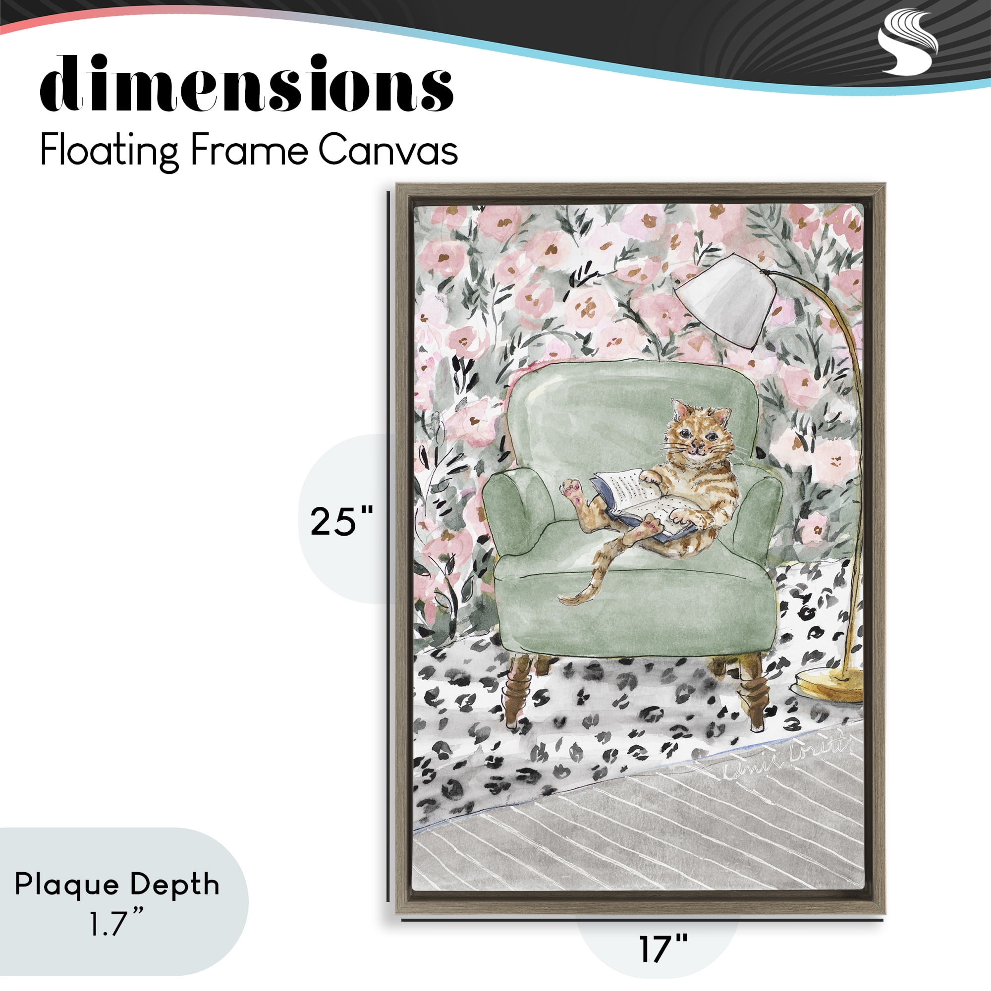 Stupell Industries Cozy Cat Reading Brown Framed Floater Canvas Wall Art, design by Lanie Loreth