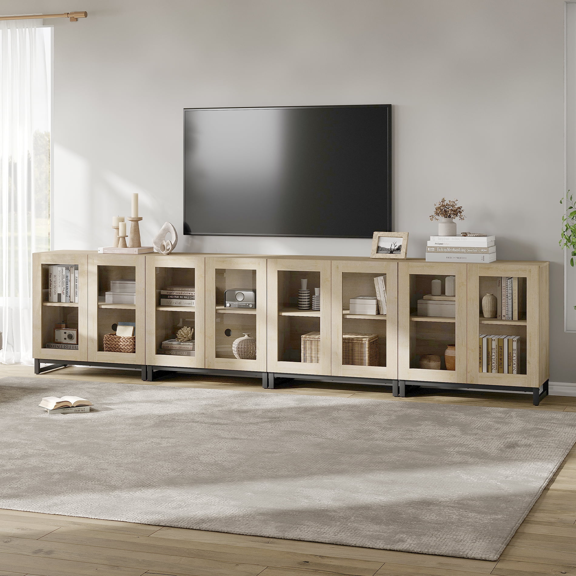 WAMPAT Modern TV Stand with Glass Doors for 120 inch TVs, 4 in 1 Entertainment Center Console with Adjustable Shelves and Metal Base for Living Room, Bedroom, Beige