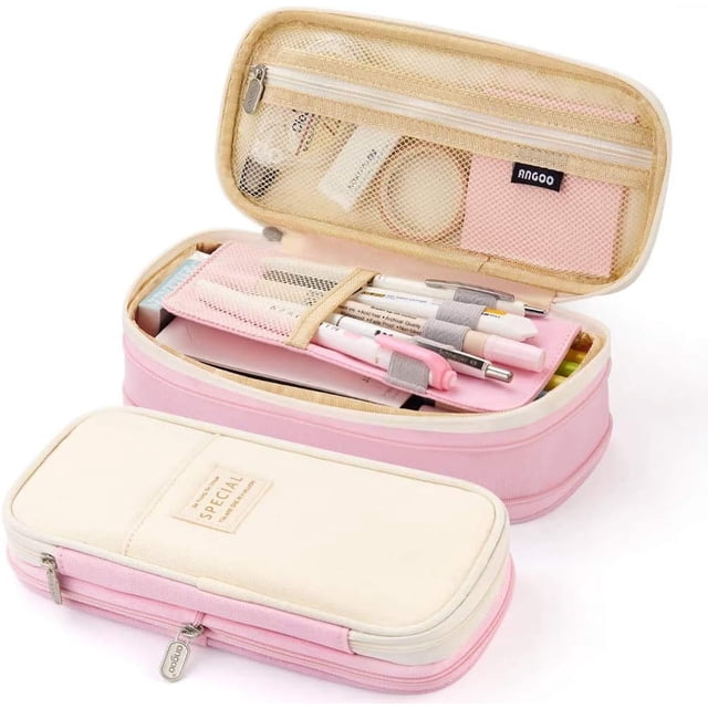 Estuche para Lápices, Lapicera de Capacidad Expandible con 4 Compartimientos, Lapiceras Escolares de Lona Organizr de Papelería para Escolar Oficina Trabajo (Rosa)