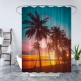 thumbnail image 2 of Sunset Beach Shower Curtain - Ocean Teal Orange Sky, Tropical Palm Tree, Hawaiian Coastal Seascape, Sea Waves Seaside Nature Scenery, Fabric with Hooks, Ideal for Tropical-Inspired Bathrooms, 2 of 6