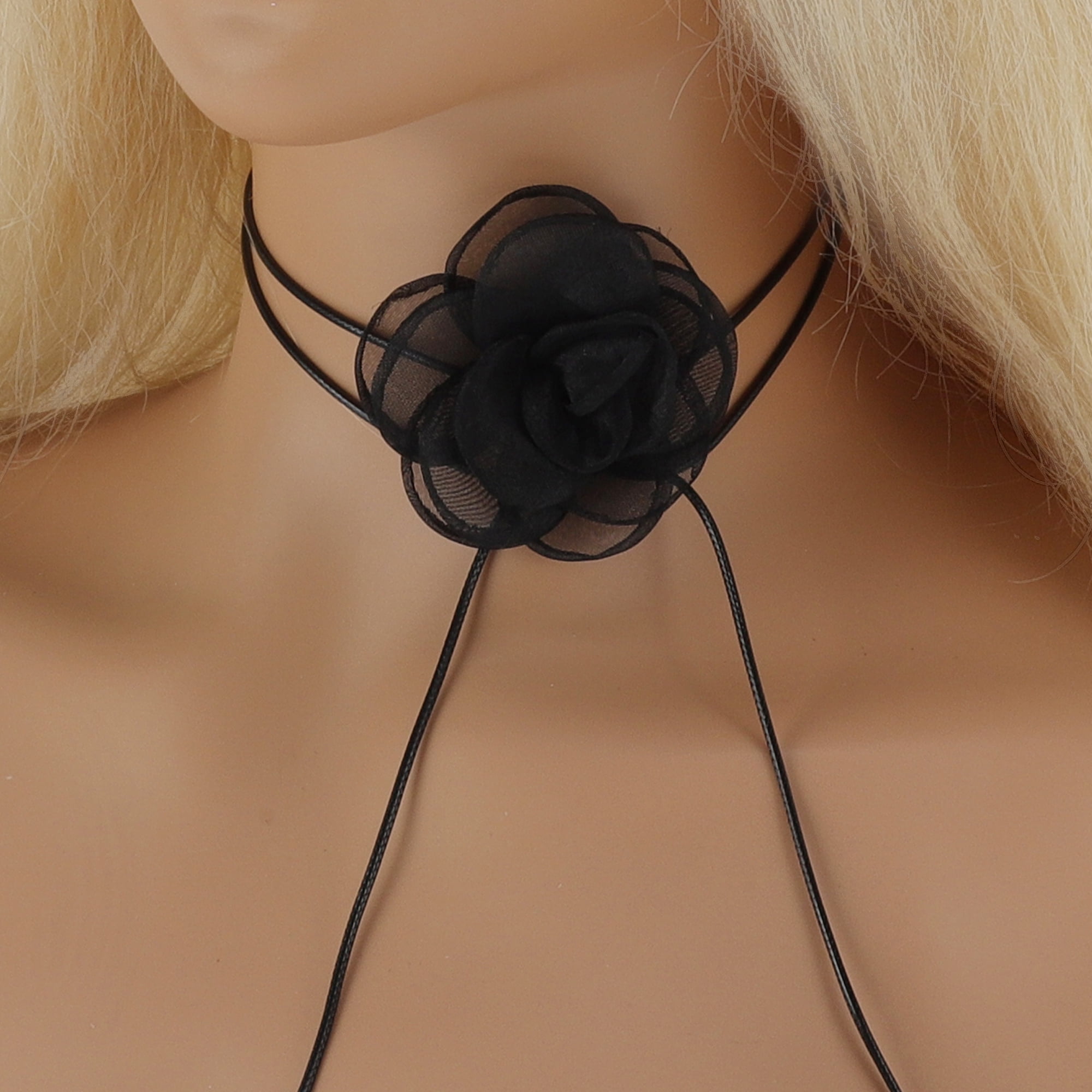 Unique Bargains Rose Choker Necklace Black