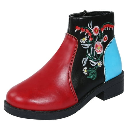 

Boots Women s Mid-heel Short Embroidered Retro Round Toe Side Zipper Single