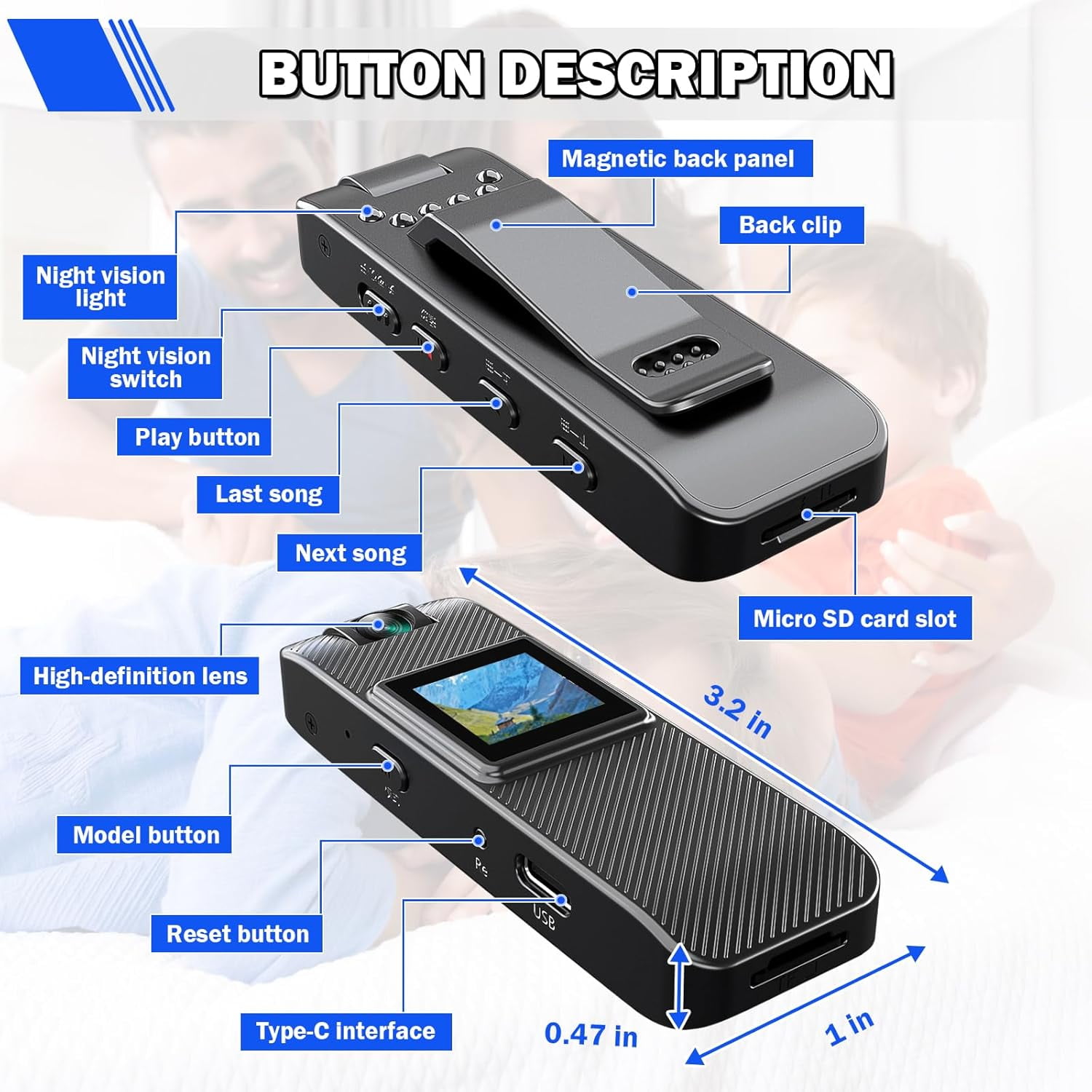 UDH Mini Body Cam with Screen, Body Camera, Action Camera, Clip-on Video Recorder, Small Video Camera Built-in Battery, Invisible Camera Recorder, with Night Vision Function