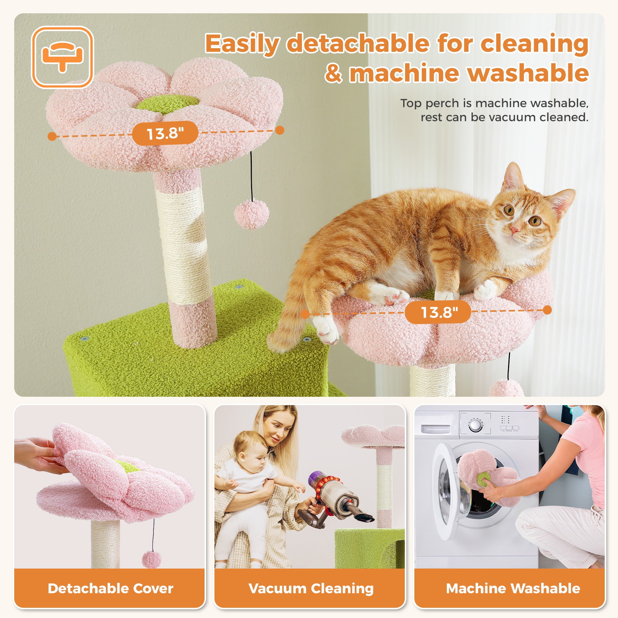 Kadyn 70" Large Cat Tree for Indoor Cats, Multi-Level Cat Tower Cat Scratching Post with 2 Perches, 2 Condos, Hammock and 2 Pompoms, Pink