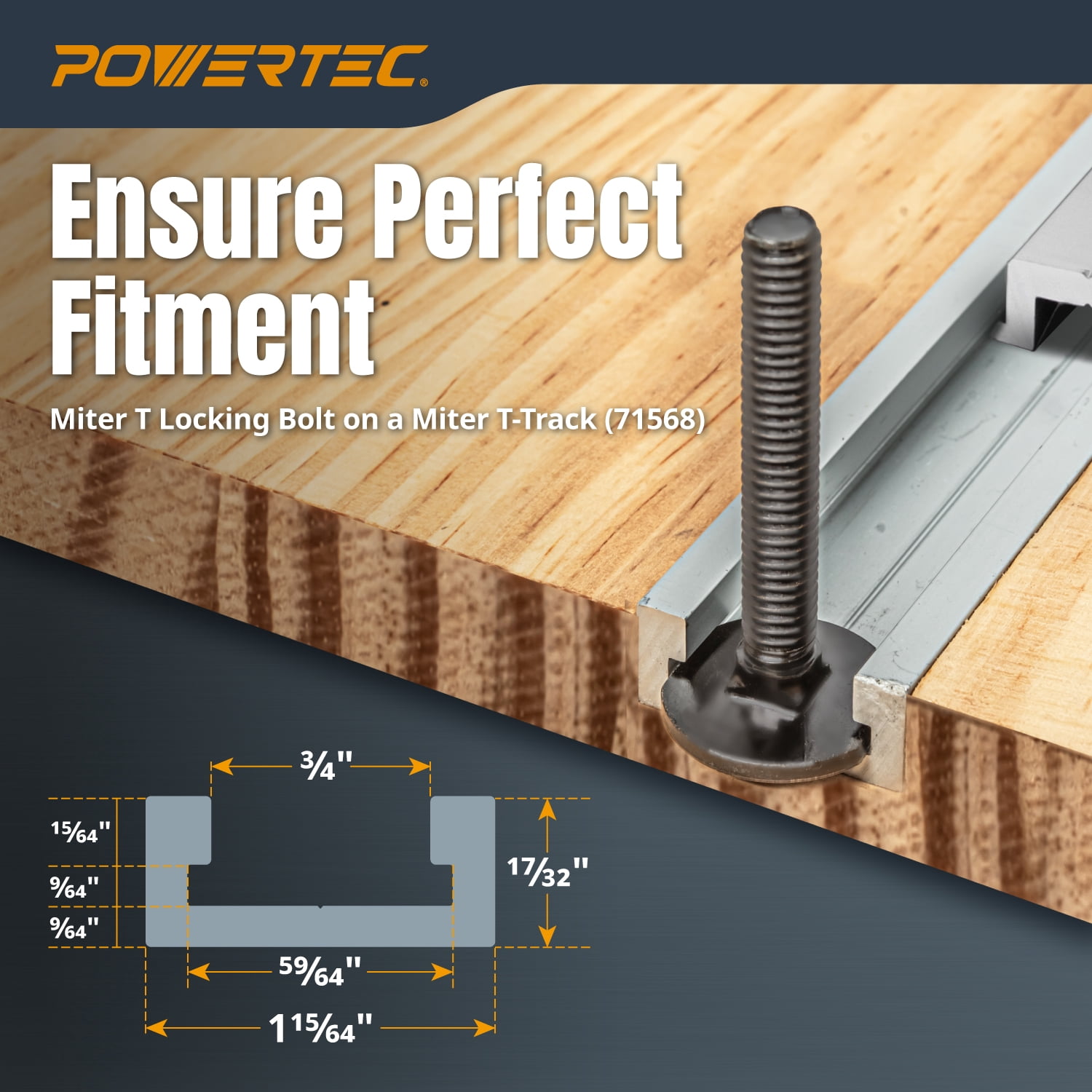 POWERTEC 48 inch Table Saw Miter T-Track Kit – Includes T-Bar, 5pcs T Knobs & 10pcs 5/16"-18, 2" Long Miter T Slot Bolts | Miter T Track Accessories for Table Saw & Router Table (72195N)