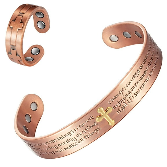 Wollet Magnetic Copper Bracelets Ring for Women,Cross Copper Jewelry Set, Christian Christmas Gift
